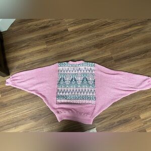 Pink Knit Sweater with Swan Peacock Floral Bird Flower Patterned Panel Vintage